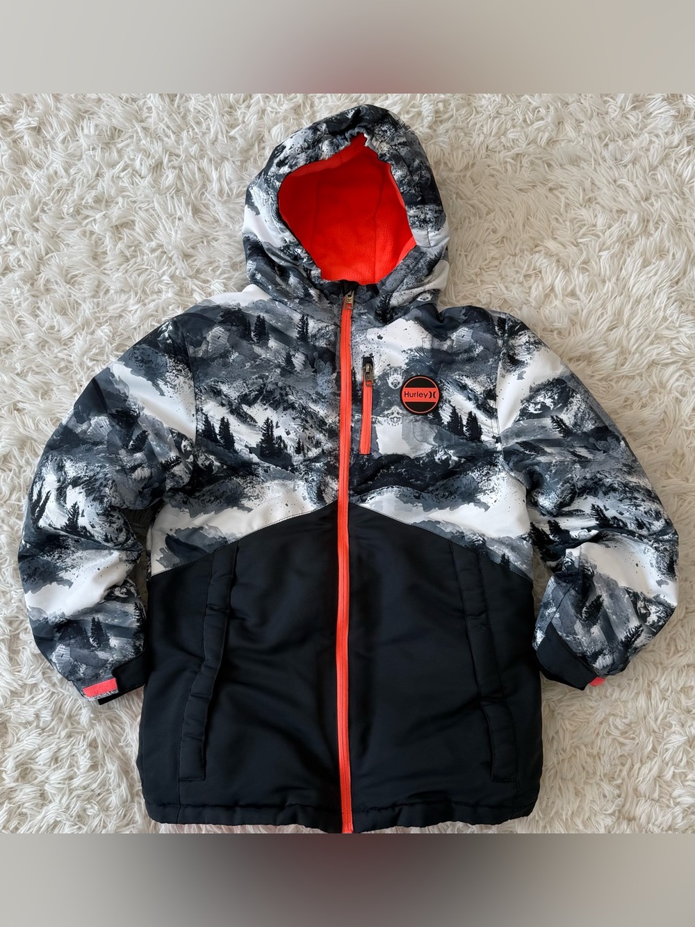 NWT Hurley Black, Gray, White & Orange Kids Hooded Puffer Jacket Sz 14/16